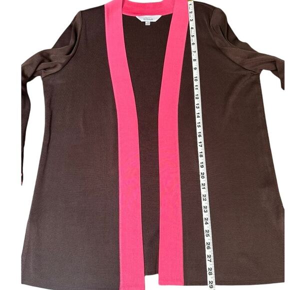 Misook Open Front Knit Cardigan Chocolate Brown with Hot Pink Trim – Size Small - Picture 6 of 6